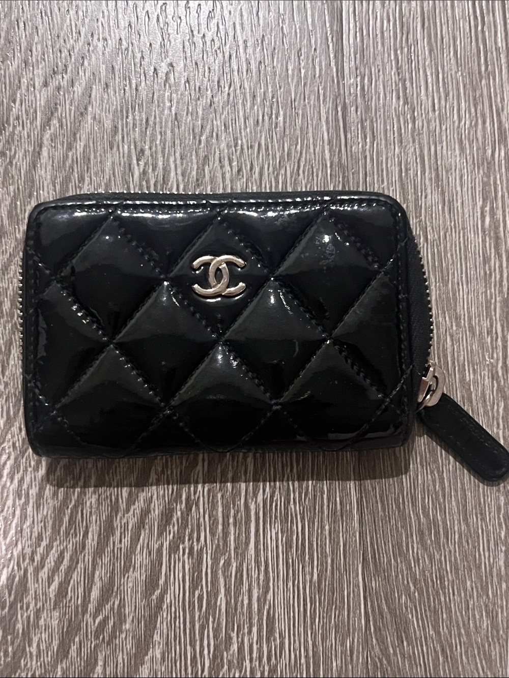 Chanel Classic Zipped Coin Purse Black Patent Leather Silver HW